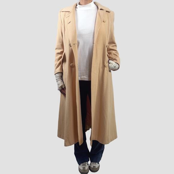 Vintage Beige Tan Double Breasted Kfashion Neutral Trench Maxi Coat Sz L - Picture 3 of 10